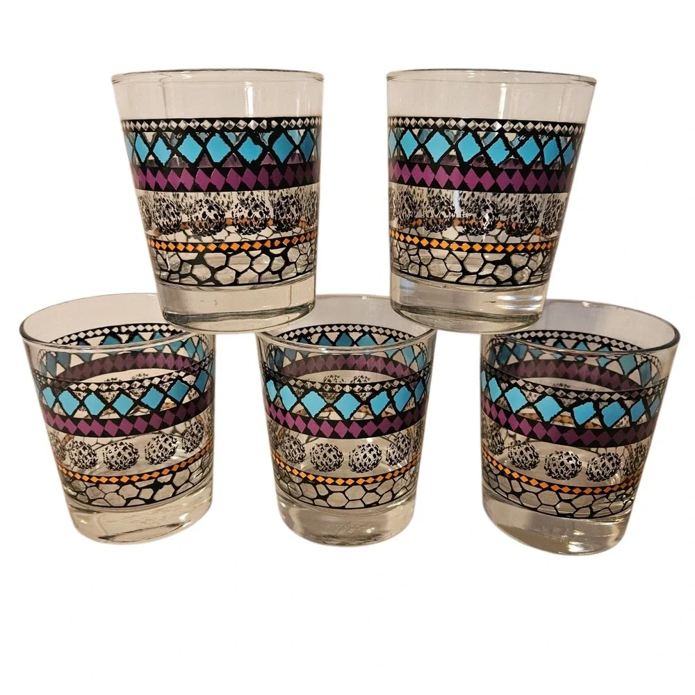 IKEA Geometric Juice Rocks Bar Drinking Glasses Old Fashion Purple Teal Set Of 5